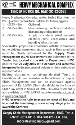 Heavy Mechanical Complex Taxila Tender Notice